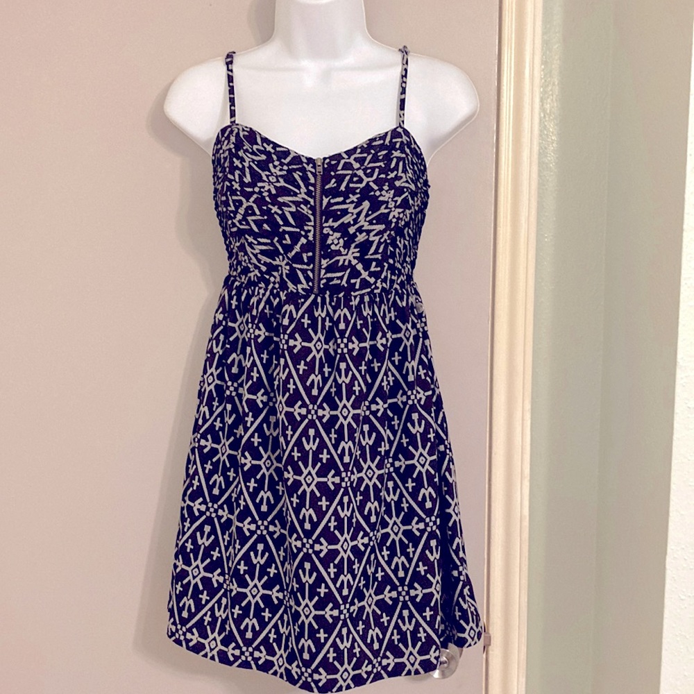 Roxy Navy Black Geometric Tribal Print Mini Sun Dress Zip Front Sz Xs 14”p2p EUC